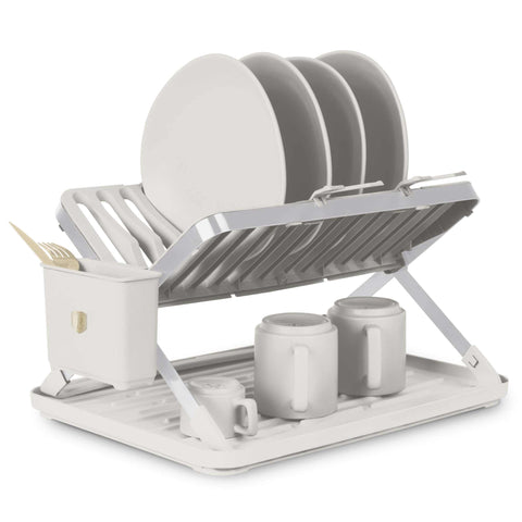Product image of Dish rack. Part of the Sahara Collection . Features: • Material: stainless steel, plastic • Size: 48*35,4*27,2 cm • Removable tray • Extra hanging hooks • Color: cream. (Studio view). Official Berlinger Haus product, boosted by Promintra sl.