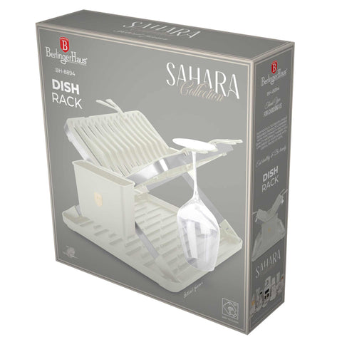 Product image of Dish rack. Part of the Sahara Collection . Features: • Material: stainless steel, plastic • Size: 48*35,4*27,2 cm • Removable tray • Extra hanging hooks • Color: cream. (Studio view). Official Berlinger Haus product, boosted by Promintra sl.