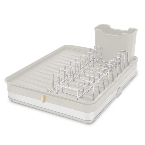 Product image of Adjustable dish rack. Part of the Sahara Collection . Features: • Material: stainless steel, plastic, iron • Size: 36,6*29,8*13 cm • Adjustable tray • Color: cream. (Studio view). Official Berlinger Haus product, boosted by Promintra sl.