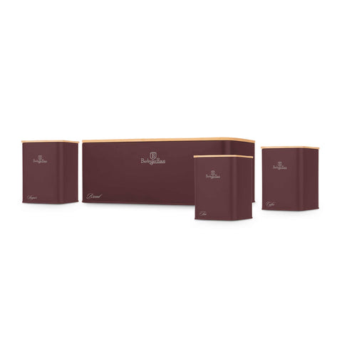 Product image of Bread box with 3pcs canister set. Part of the Leonardo Collection . Features: • Material: carbon steel with matt powder coating, bamboo • Include: • Bread box 33*18*12 cm • Sugar canister Ø10*13 cm • Tea canister Ø10*13 cm • .... (Studio view). Official Berlinger Haus product, boosted by Promintra sl.
