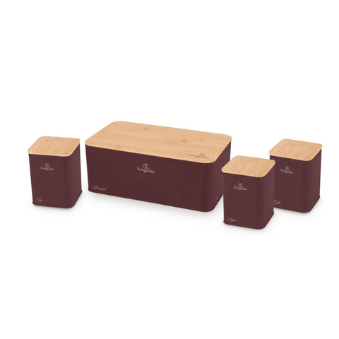 Product image of Bread box with 3pcs canister set. Part of the Leonardo Collection . Features: • Material: carbon steel with matt powder coating, bamboo • Include: • Bread box 33*18*12 cm • Sugar canister Ø10*13 cm • Tea canister Ø10*13 cm • .... (Studio view). Official Berlinger Haus product, boosted by Promintra sl.