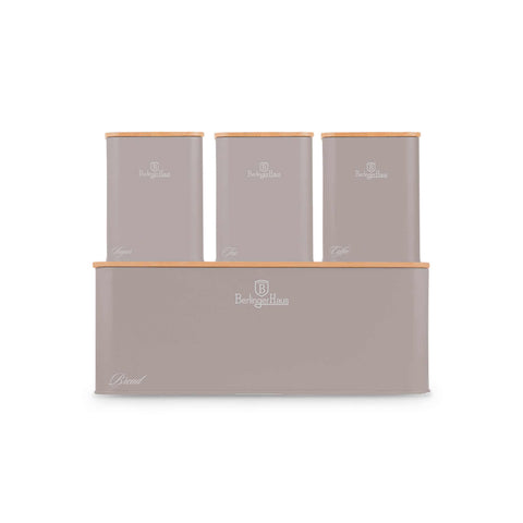 Imatge del producte de la panera amb joc de 3 recipients. Part de la col·lecció Taupe. Característiques: • Material: acer al carboni amb recobriment en pols mat, bambú • Inclou: • Panera 33*18*12 cm • Sucrera Ø10*13 cm • Te Ø10*13 cm • .... (Vista d'estudi). Producte oficial de Berlinger, impulsat per Promintra sl.