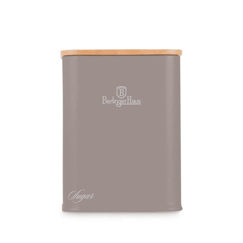 Product image of Bread box with 3pcs canister set. Part of the Taupe Collection . Features: • Material: carbon steel with matt powder coating, bamboo • Include: • Bread box 33*18*12 cm • Sugar canister Ø10*13 cm • Tea canister Ø10*13 cm • .... (Studio view). Official Berlinger Haus product, boosted by Promintra sl.