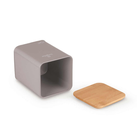 Product image of Bread box with 3pcs canister set. Part of the Taupe Collection . Features: • Material: carbon steel with matt powder coating, bamboo • Include: • Bread box 33*18*12 cm • Sugar canister Ø10*13 cm • Tea canister Ø10*13 cm • .... (Studio view). Official Berlinger Haus product, boosted by Promintra sl.