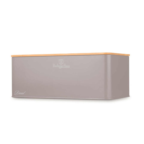 Product image of Bread box with 3pcs canister set. Part of the Taupe Collection . Features: • Material: carbon steel with matt powder coating, bamboo • Include: • Bread box 33*18*12 cm • Sugar canister Ø10*13 cm • Tea canister Ø10*13 cm • .... (Studio view). Official Berlinger Haus product, boosted by Promintra sl.