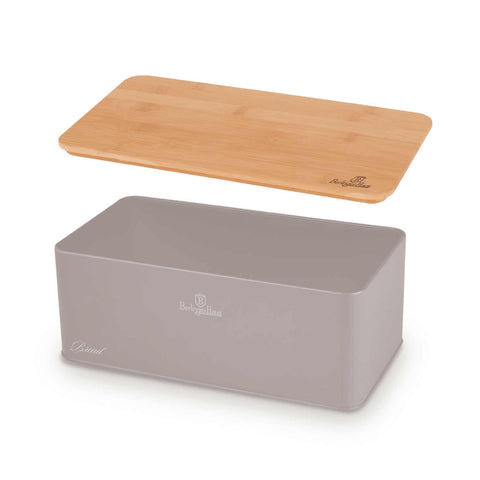 Product image of Bread box with 3pcs canister set. Part of the Taupe Collection . Features: • Material: carbon steel with matt powder coating, bamboo • Include: • Bread box 33*18*12 cm • Sugar canister Ø10*13 cm • Tea canister Ø10*13 cm • .... (Studio view). Official Berlinger Haus product, boosted by Promintra sl.