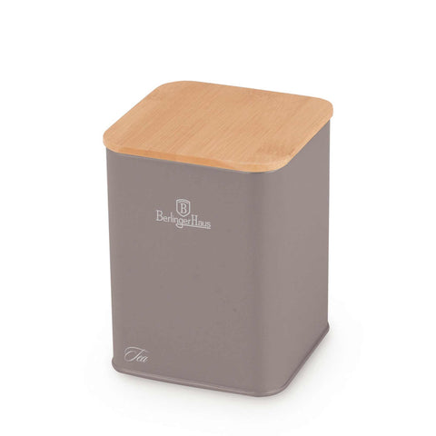 Product image of Bread box with 3pcs canister set. Part of the Taupe Collection . Features: • Material: carbon steel with matt powder coating, bamboo • Include: • Bread box 33*18*12 cm • Sugar canister Ø10*13 cm • Tea canister Ø10*13 cm • .... (Studio view). Official Berlinger Haus product, boosted by Promintra sl.