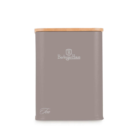 Product image of Bread box with 3pcs canister set. Part of the Taupe Collection . Features: • Material: carbon steel with matt powder coating, bamboo • Include: • Bread box 33*18*12 cm • Sugar canister Ø10*13 cm • Tea canister Ø10*13 cm • .... (Studio view). Official Berlinger Haus product, boosted by Promintra sl.