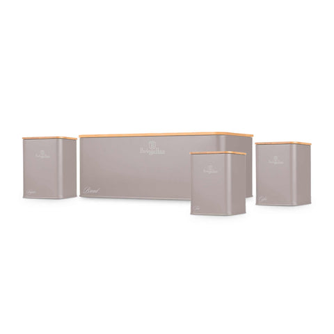 Product image of Bread box with 3pcs canister set. Part of the Taupe Collection . Features: • Material: carbon steel with matt powder coating, bamboo • Include: • Bread box 33*18*12 cm • Sugar canister Ø10*13 cm • Tea canister Ø10*13 cm • .... (Studio view). Official Berlinger Haus product, boosted by Promintra sl.