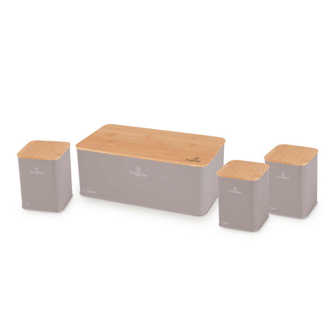 Product image of Bread box with 3pcs canister set. Part of the Taupe Collection . Features: • Material: carbon steel with matt powder coating, bamboo • Include: • Bread box 33*18*12 cm • Sugar canister Ø10*13 cm • Tea canister Ø10*13 cm • .... (Studio view). Official Berlinger Haus product, boosted by Promintra sl.