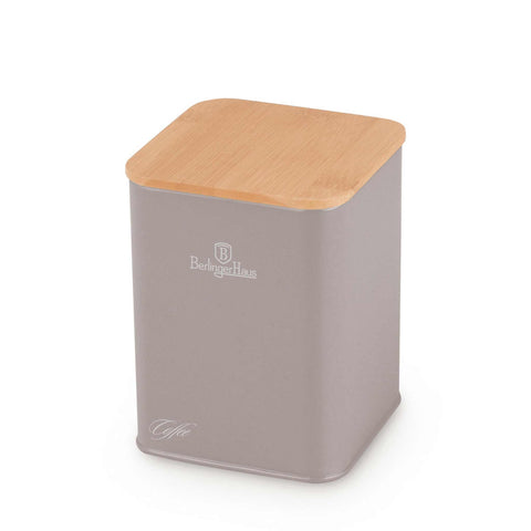 Product image of Bread box with 3pcs canister set. Part of the Taupe Collection . Features: • Material: carbon steel with matt powder coating, bamboo • Include: • Bread box 33*18*12 cm • Sugar canister Ø10*13 cm • Tea canister Ø10*13 cm • .... (Studio view). Official Berlinger Haus product, boosted by Promintra sl.