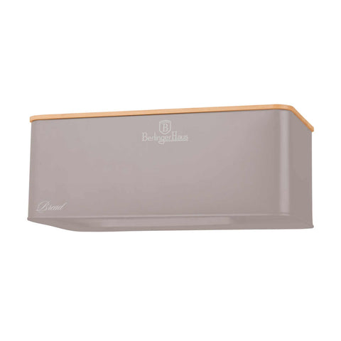 Product image of Bread box with 3pcs canister set. Part of the Taupe Collection . Features: • Material: carbon steel with matt powder coating, bamboo • Include: • Bread box 33*18*12 cm • Sugar canister Ø10*13 cm • Tea canister Ø10*13 cm • .... (Studio view). Official Berlinger Haus product, boosted by Promintra sl.
