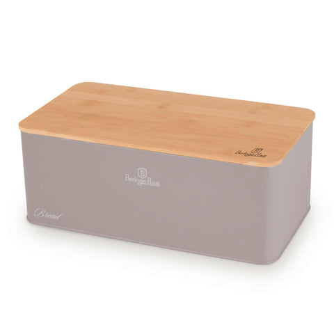 Product image of Bread box with 3pcs canister set. Part of the Taupe Collection . Features: • Material: carbon steel with matt powder coating, bamboo • Include: • Bread box 33*18*12 cm • Sugar canister Ø10*13 cm • Tea canister Ø10*13 cm • .... (Studio view). Official Berlinger Haus product, boosted by Promintra sl.