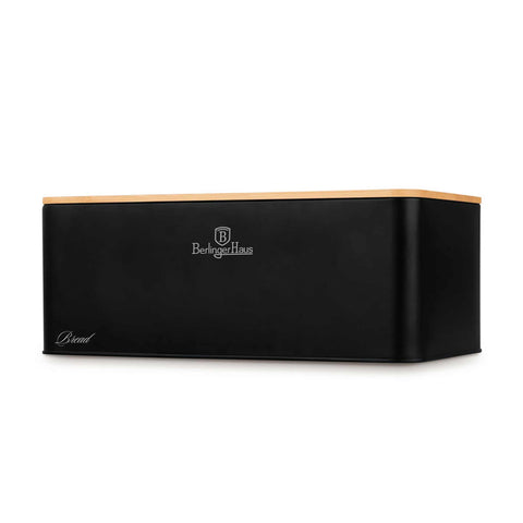 Product image of Bread box with 3pcs canister set. Part of the Black Vantage Collection/Matte Black Collection/Black Silver Collection . Features: • Material: carbon steel with matt powder coating, bamboo • Include: • Bread box 33*18*12 cm • Sugar canister Ø10*13 cm • Tea canister Ø10*13 cm • .... (Studio view). Official Berlinger Haus product, boosted by Promintra sl.