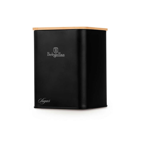 Product image of Bread box with 3pcs canister set. Part of the Black Vantage Collection/Matte Black Collection/Black Silver Collection . Features: • Material: carbon steel with matt powder coating, bamboo • Include: • Bread box 33*18*12 cm • Sugar canister Ø10*13 cm • Tea canister Ø10*13 cm • .... (Studio view). Official Berlinger Haus product, boosted by Promintra sl.