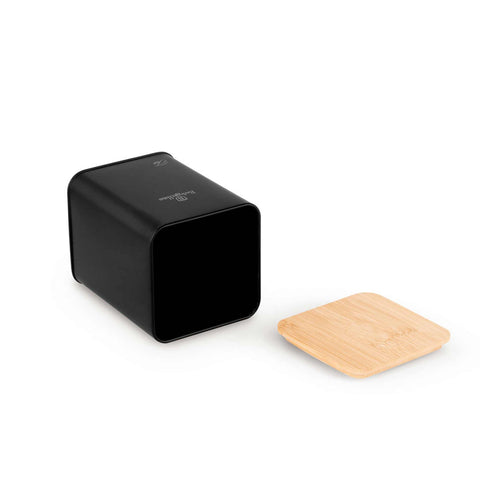 Product image of Bread box with 3pcs canister set. Part of the Black Vantage Collection/Matte Black Collection/Black Silver Collection . Features: • Material: carbon steel with matt powder coating, bamboo • Include: • Bread box 33*18*12 cm • Sugar canister Ø10*13 cm • Tea canister Ø10*13 cm • .... (Studio view). Official Berlinger Haus product, boosted by Promintra sl.