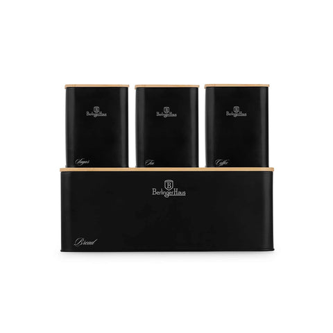 Product image of Bread box with 3pcs canister set. Part of the Black Vantage Collection/Matte Black Collection/Black Silver Collection . Features: • Material: carbon steel with matt powder coating, bamboo • Include: • Bread box 33*18*12 cm • Sugar canister Ø10*13 cm • Tea canister Ø10*13 cm • .... (Studio view). Official Berlinger Haus product, boosted by Promintra sl.