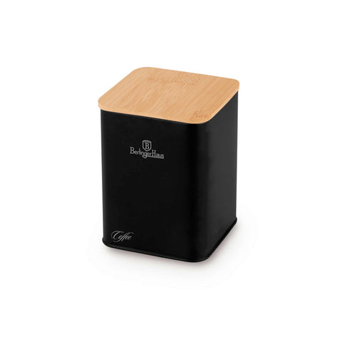 Product image of Bread box with 3pcs canister set. Part of the Black Vantage Collection/Matte Black Collection/Black Silver Collection . Features: • Material: carbon steel with matt powder coating, bamboo • Include: • Bread box 33*18*12 cm • Sugar canister Ø10*13 cm • Tea canister Ø10*13 cm • .... (Studio view). Official Berlinger Haus product, boosted by Promintra sl.