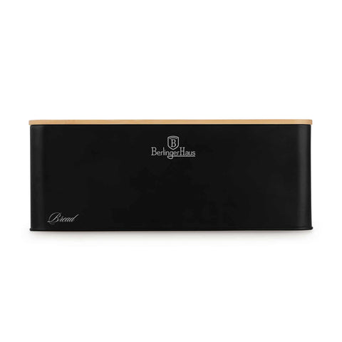 Product image of Bread box with 3pcs canister set. Part of the Black Vantage Collection/Matte Black Collection/Black Silver Collection . Features: • Material: carbon steel with matt powder coating, bamboo • Include: • Bread box 33*18*12 cm • Sugar canister Ø10*13 cm • Tea canister Ø10*13 cm • .... (Studio view). Official Berlinger Haus product, boosted by Promintra sl.