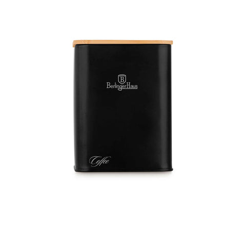 Product image of Bread box with 3pcs canister set. Part of the Black Vantage Collection/Matte Black Collection/Black Silver Collection . Features: • Material: carbon steel with matt powder coating, bamboo • Include: • Bread box 33*18*12 cm • Sugar canister Ø10*13 cm • Tea canister Ø10*13 cm • .... (Studio view). Official Berlinger Haus product, boosted by Promintra sl.