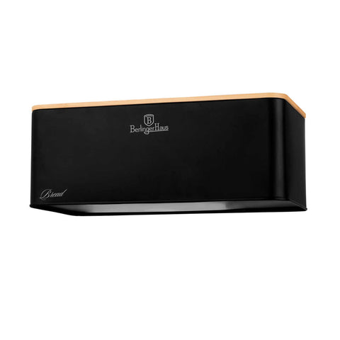 Product image of Bread box with 3pcs canister set. Part of the Black Vantage Collection/Matte Black Collection/Black Silver Collection . Features: • Material: carbon steel with matt powder coating, bamboo • Include: • Bread box 33*18*12 cm • Sugar canister Ø10*13 cm • Tea canister Ø10*13 cm • .... (Studio view). Official Berlinger Haus product, boosted by Promintra sl.
