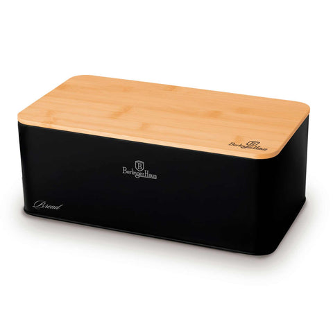 Product image of Bread box with 3pcs canister set. Part of the Black Vantage Collection/Matte Black Collection/Black Silver Collection . Features: • Material: carbon steel with matt powder coating, bamboo • Include: • Bread box 33*18*12 cm • Sugar canister Ø10*13 cm • Tea canister Ø10*13 cm • .... (Studio view). Official Berlinger Haus product, boosted by Promintra sl.