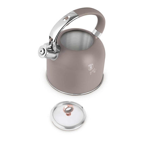 Product image of Kettle with glass lid 3,0L GOOD FOR INDUCTION. Part of the Taupe Collection . Features: • Material: 18/10 stainless steel with matt powder coating, glass • Capacity: 3,0 L • Color: matt taupe. (Studio view). Official Berlinger Haus product, boosted by Promintra sl.