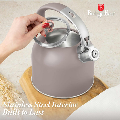 Product image of Kettle with glass lid 3,0L GOOD FOR INDUCTION. Part of the Taupe Collection . Features: • Material: 18/10 stainless steel with matt powder coating, glass • Capacity: 3,0 L • Color: matt taupe. (Studio view). Official Berlinger Haus product, boosted by Promintra sl.
