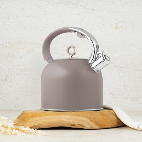 Product image of Kettle with glass lid 3,0L GOOD FOR INDUCTION. Part of the Taupe Collection . Features: • Material: 18/10 stainless steel with matt powder coating, glass • Capacity: 3,0 L • Color: matt taupe. (Studio view). Official Berlinger Haus product, boosted by Promintra sl.