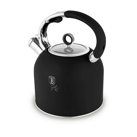 Product image of Kettle with glass lid 3,0L GOOD FOR INDUCTION. Part of the Black Vantage Collection/Matte Black Collection/Black Silver Collection . Features: • Material: 18/10 stainless steel with matt powder coating, glass • Capacity: 3,0 L • Color: matt black. (Studio view). Official Berlinger Haus product, boosted by Promintra sl.