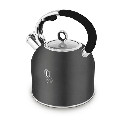 Product image of Kettle with glass lid 3,0L GOOD FOR INDUCTION. Part of the Anthracite Collection . Features: • Material: 18/10 stainless steel with matt powder coating, glass • Capacity: 3,0 L • Color: matt anthracite. (Studio view). Official Berlinger Haus product, boosted by Promintra sl.