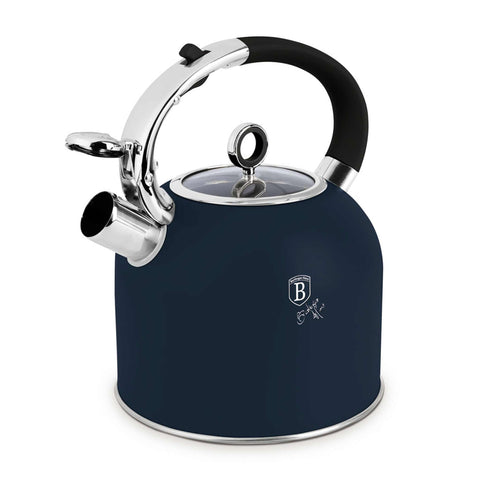 Product image of Kettle with glass lid 3,0L GOOD FOR INDUCTION. Part of the Deep Sea Collection . Features: • Material: 18/10 stainless steel with matt powder coating, glass • Capacity: 3,0 L • Color: matt blue. (Studio view). Official Berlinger Haus product, boosted by Promintra sl.