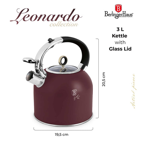 Imatge del producte de Bullidor amb tapa de vidre 3,0L APTE PER A INDUCCIÓ. Forma part de la col·lecció Leonardo. Característiques: • Material: acer inoxidable 18/10 amb recobriment en pols mat, vidre • Capacitat: 3,0 L • Color: bordeus mat. (Vista d'estudi). Producte oficial de Berlinger, impulsat per Promintra sl.