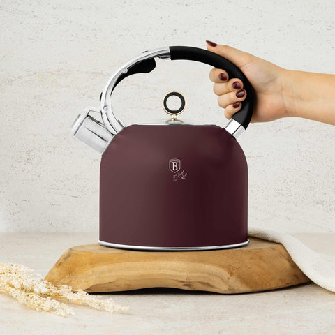 Imatge del producte de Bullidor amb tapa de vidre 3,0L APTE PER A INDUCCIÓ. Forma part de la col·lecció Leonardo. Característiques: • Material: acer inoxidable 18/10 amb recobriment en pols mat, vidre • Capacitat: 3,0 L • Color: bordeus mat. (Vista d'estudi). Producte oficial de Berlinger, impulsat per Promintra sl.