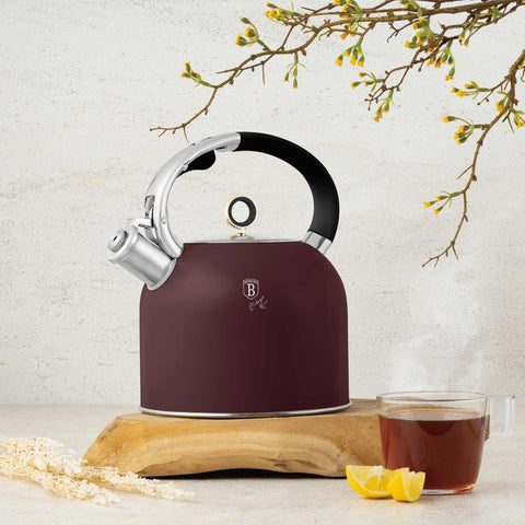 Imatge del producte de Bullidor amb tapa de vidre 3,0L APTE PER A INDUCCIÓ. Forma part de la col·lecció Leonardo. Característiques: • Material: acer inoxidable 18/10 amb recobriment en pols mat, vidre • Capacitat: 3,0 L • Color: bordeus mat. (Vista d'estudi). Producte oficial de Berlinger, impulsat per Promintra sl.