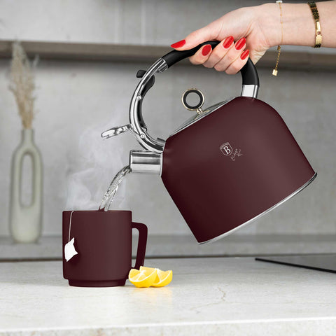 Imatge del producte de Bullidor amb tapa de vidre 3,0L APTE PER A INDUCCIÓ. Forma part de la col·lecció Leonardo. Característiques: • Material: acer inoxidable 18/10 amb recobriment en pols mat, vidre • Capacitat: 3,0 L • Color: bordeus mat. (Vista d'estudi). Producte oficial de Berlinger, impulsat per Promintra sl.