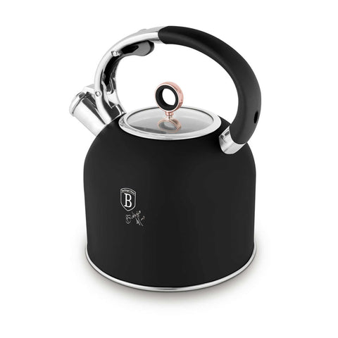 Product image of Kettle with glass lid 3,0L GOOD FOR INDUCTION. Part of the Black Rose Collection . Features: • Material: 18/10 stainless steel with matt powder coating, glass • Capacity: 3,0 L • Color: black- rose gold. (Studio view). Official Berlinger Haus product, boosted by Promintra sl.