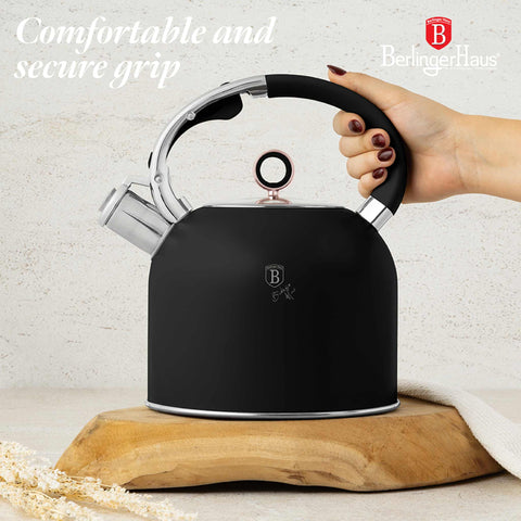 Product image of Kettle with glass lid 3,0L GOOD FOR INDUCTION. Part of the Black Rose Collection . Features: • Material: 18/10 stainless steel with matt powder coating, glass • Capacity: 3,0 L • Color: black- rose gold. (Studio view). Official Berlinger Haus product, boosted by Promintra sl.
