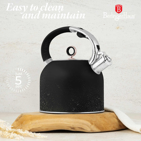 Product image of Kettle with glass lid 3,0L GOOD FOR INDUCTION. Part of the Black Rose Collection . Features: • Material: 18/10 stainless steel with matt powder coating, glass • Capacity: 3,0 L • Color: black- rose gold. (Studio view). Official Berlinger Haus product, boosted by Promintra sl.