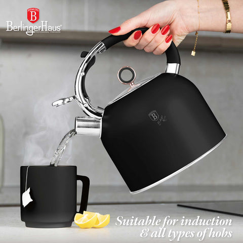 Product image of Kettle with glass lid 3,0L GOOD FOR INDUCTION. Part of the Black Rose Collection . Features: • Material: 18/10 stainless steel with matt powder coating, glass • Capacity: 3,0 L • Color: black- rose gold. (Studio view). Official Berlinger Haus product, boosted by Promintra sl.