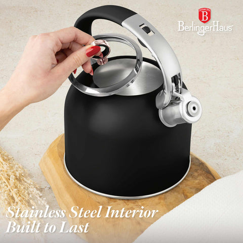 Product image of Kettle with glass lid 3,0L GOOD FOR INDUCTION. Part of the Black Rose Collection . Features: • Material: 18/10 stainless steel with matt powder coating, glass • Capacity: 3,0 L • Color: black- rose gold. (Studio view). Official Berlinger Haus product, boosted by Promintra sl.