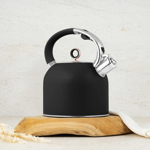 Product image of Kettle with glass lid 3,0L GOOD FOR INDUCTION. Part of the Black Rose Collection . Features: • Material: 18/10 stainless steel with matt powder coating, glass • Capacity: 3,0 L • Color: black- rose gold. (Studio view). Official Berlinger Haus product, boosted by Promintra sl.