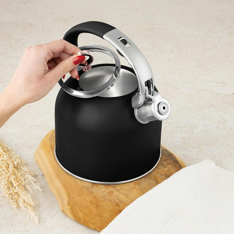 Product image of Kettle with glass lid 3,0L GOOD FOR INDUCTION. Part of the Black Rose Collection . Features: • Material: 18/10 stainless steel with matt powder coating, glass • Capacity: 3,0 L • Color: black- rose gold. (Studio view). Official Berlinger Haus product, boosted by Promintra sl.