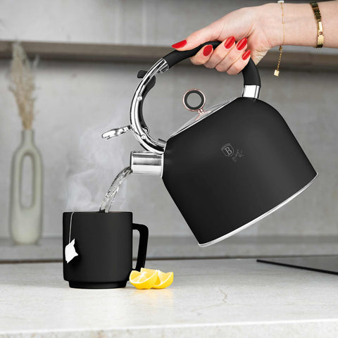 Product image of Kettle with glass lid 3,0L GOOD FOR INDUCTION. Part of the Black Rose Collection . Features: • Material: 18/10 stainless steel with matt powder coating, glass • Capacity: 3,0 L • Color: black- rose gold. (Studio view). Official Berlinger Haus product, boosted by Promintra sl.