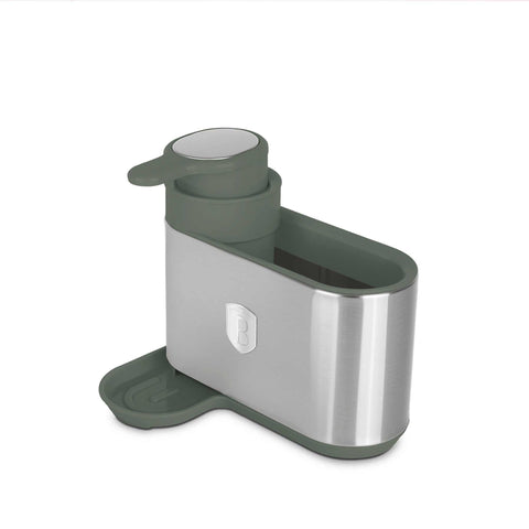 Product image of Soap dispenser. Part of the Matte Green Collection . Features: • Material: stainless steel, plastic • Size: 15,8*12,7*17,8 cm • Color: matt green. (Studio view). Official Berlinger Haus product, boosted by Promintra sl.