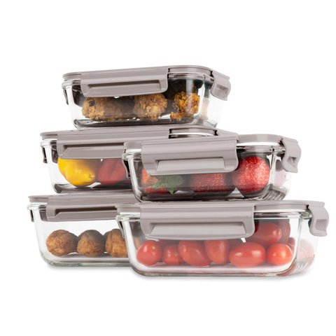 BH/8938, joc de 5 recipients de vidre per a aliments, vidre, recipient per a aliments, recipient de vidre per a aliments, caixa per a aliments, emmagatzematge d'aliments