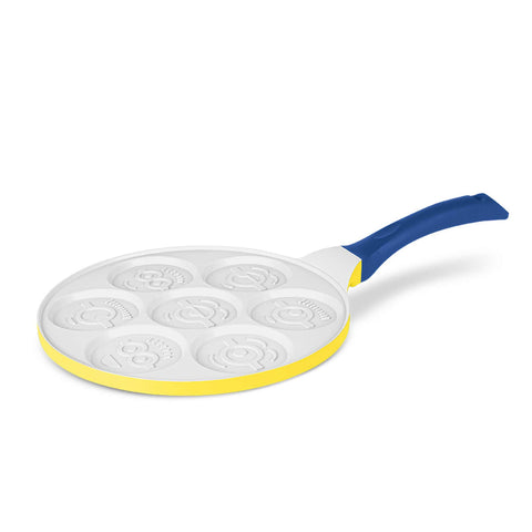 Product image of 7holes emoji pancake pan 26cm. Part of the Minions Collection . Features: • Material: cast aluminum • Pancake pan Ø26*1,7 cm • Color: yellow- blue. (Studio view). Official Berlinger Haus product, boosted by Promintra sl.