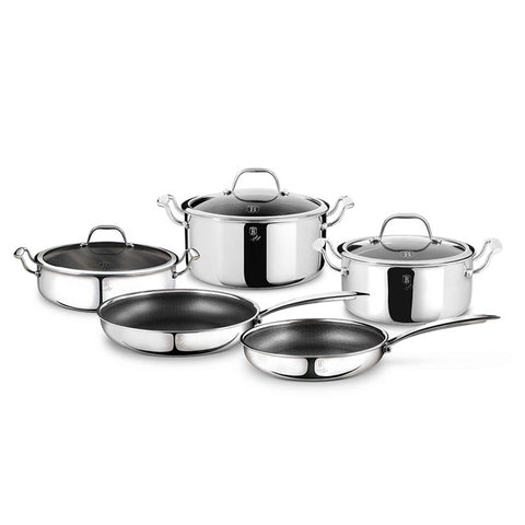 Product image of 8pcs cookware set. Part of the Eternal Collection . Features: • Material: stainless steel with laser-cut surface • Include: • Shallow pot with lid Ø28*7,5 cm 3,8L • Casserole with lid Ø20*9,5 cm 2,7L • Cassero.... (Studio view). Official Berlinger Haus product, boosted by Promintra sl.
