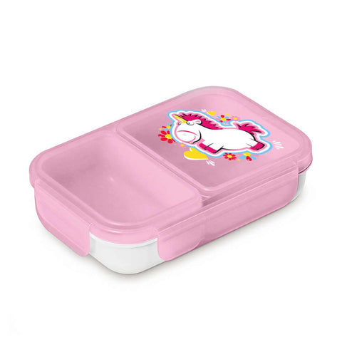 Product image of Mini lunch box. Part of the Minions Collection . Features: • Material: plastic, silicone • Capacity: • 19,5*14,5 cm, 800 ml • Color: pink- white. (Studio view). Official Berlinger Haus product, boosted by Promintra sl.