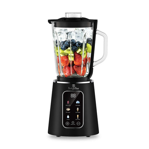 Product image of Digital table blender with 1,5L GLASS jar 1000W. Part of the Black Vantage Collection/Matte Black Collection/Black Silver Collection . Features: • Material: plastic, glass • Power: 1000 W • Voltage: 220-240V, 50/60 Hz • 1,5 L glass jar • Size: 19,3*17,4*38 cm • Length of power cord: 1 m • Co.... (Conceptual view). Official Berlinger Haus product, boosted by Promintra sl.